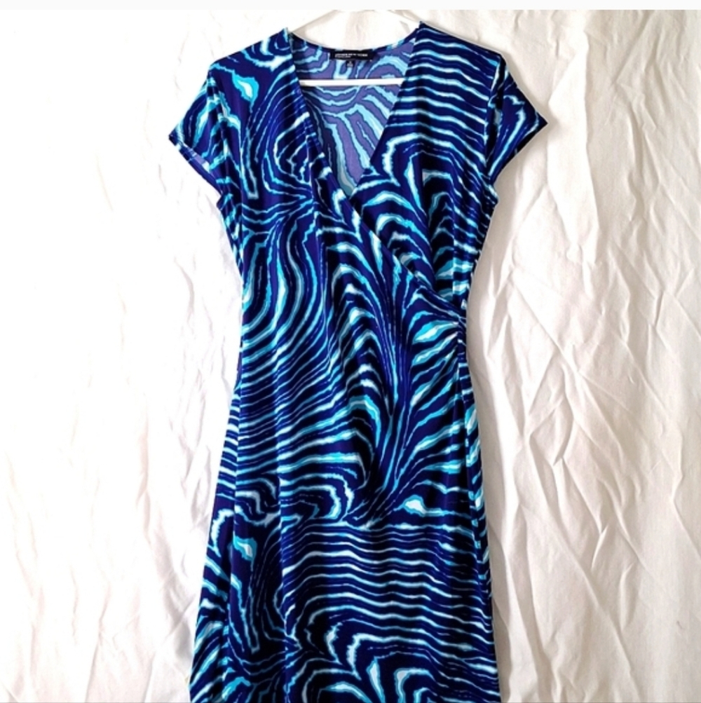 VTG. Y2K Bodycon Animal Print Blue and Black Midi Wrap Dress, Sz 10, NWOT